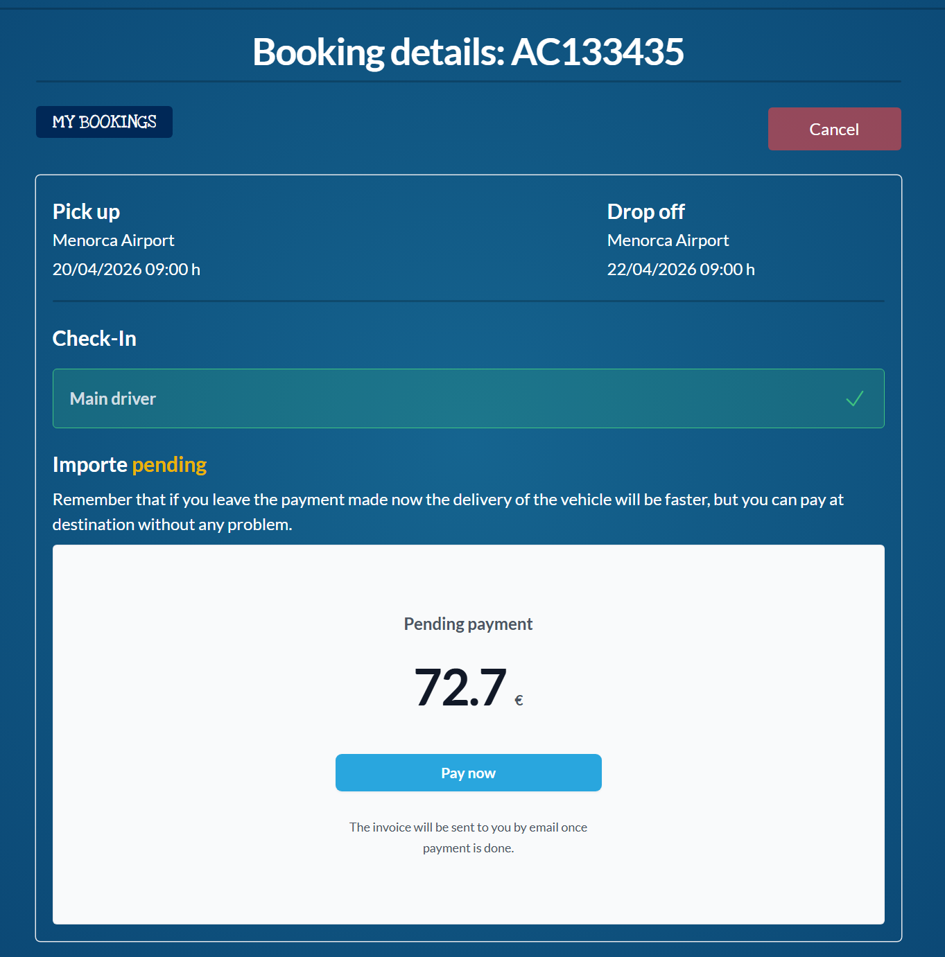 Successful check-in confirmation